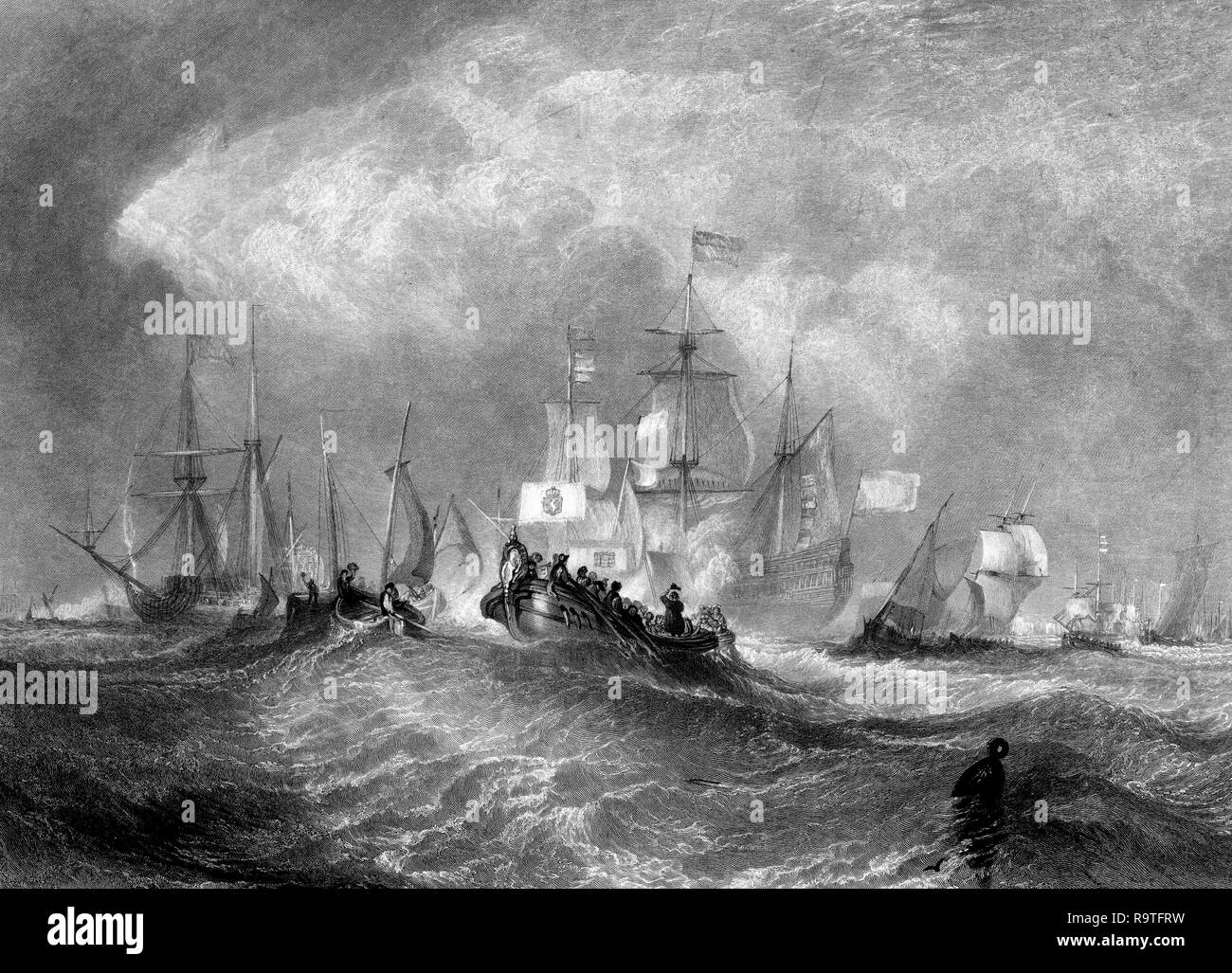 Prince d'Orange à l'atterrissage à Torbay, gravure de William Miller après J M W Turner, vers 1852 Banque D'Images