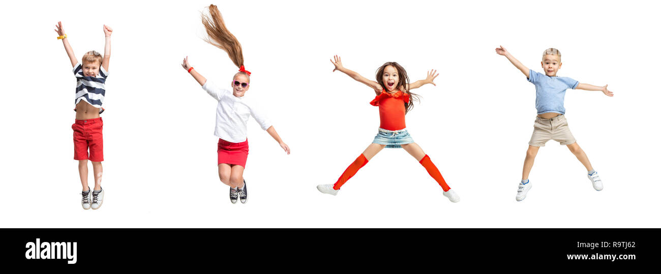 Les enfants de l'école de danse, ballet, hip hop, street, funky et danseurs modernes sur fond blanc studio. Les filles et les garçons est montrant la danse aérobique et élément. L'adolescent au style hip-hop. Collage Banque D'Images