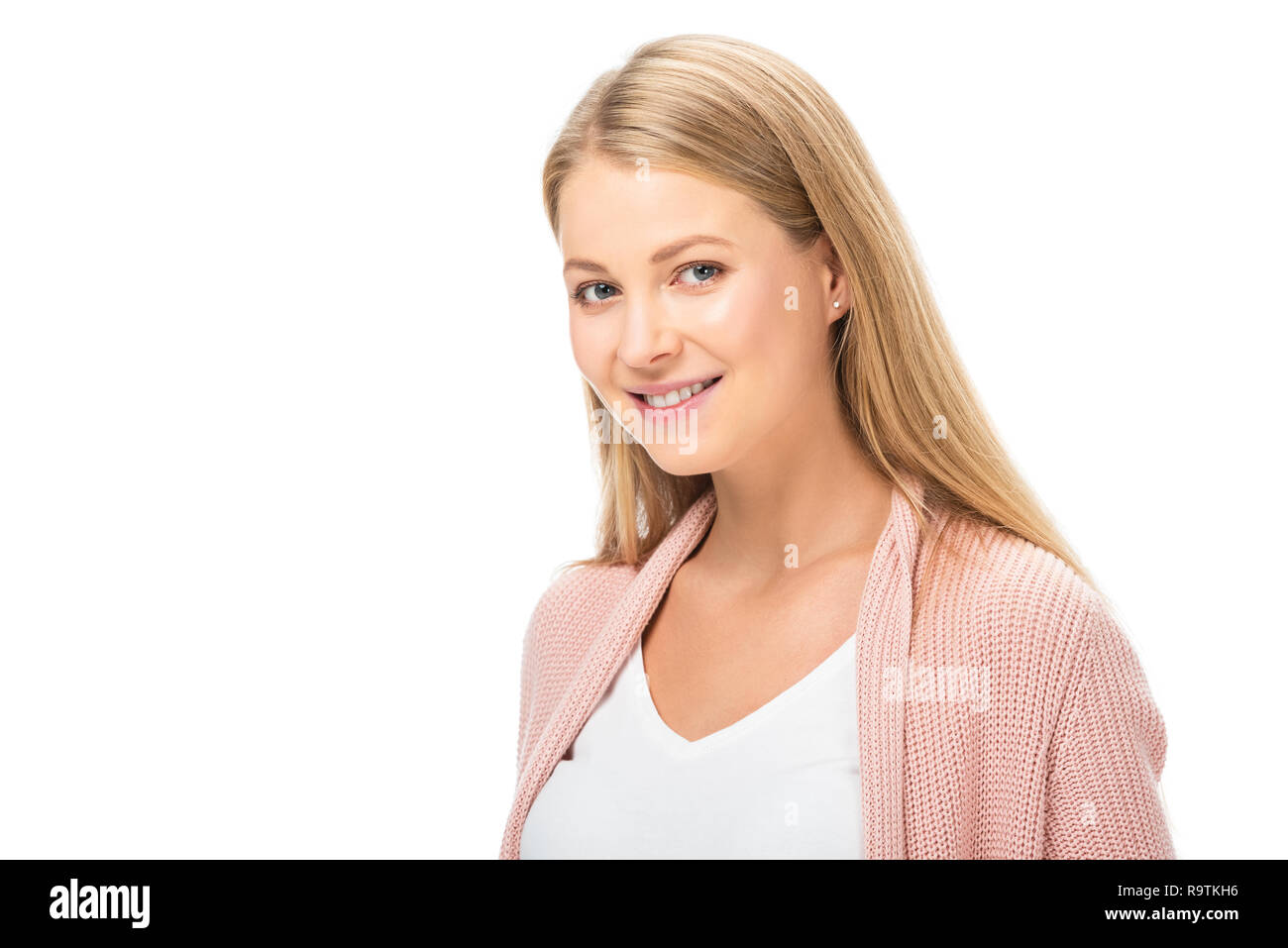 Happy smiling woman in pink cardigan isolated on white Banque D'Images