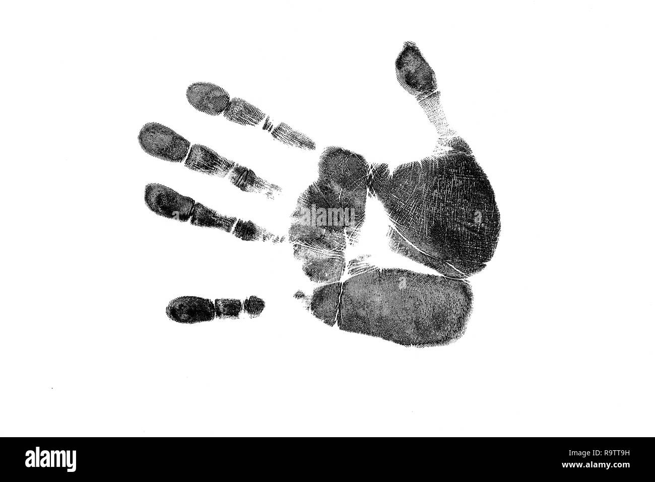 Noir imprime de main sur papier transparent. Imprimer la main noire. Isolé sur blanc. Banque D'Images