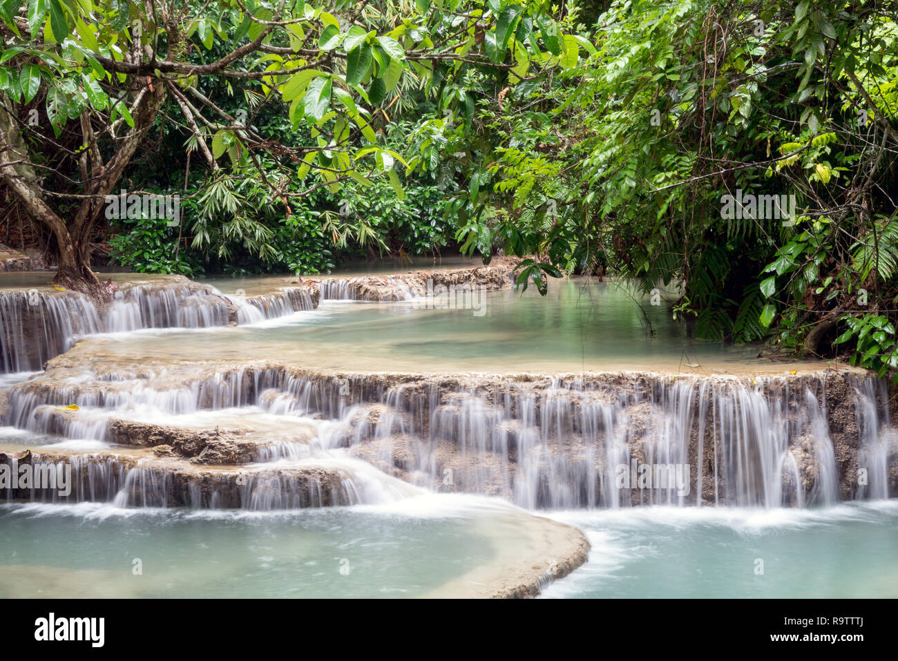 Waterall Kuang Si près de Luang Prabang, Laos - exotique bassins en cascade de l'eau bleu turquoise de travertin en Asie Banque D'Images