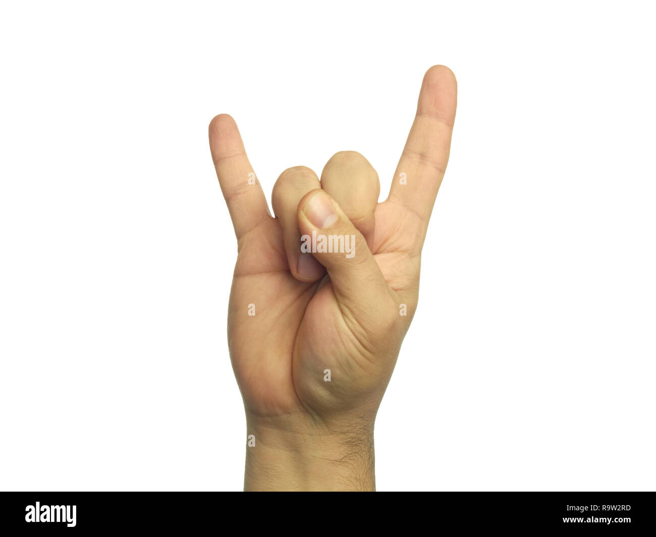 Main mâle gesticulant heavy metal rock isolé sign Banque D'Images