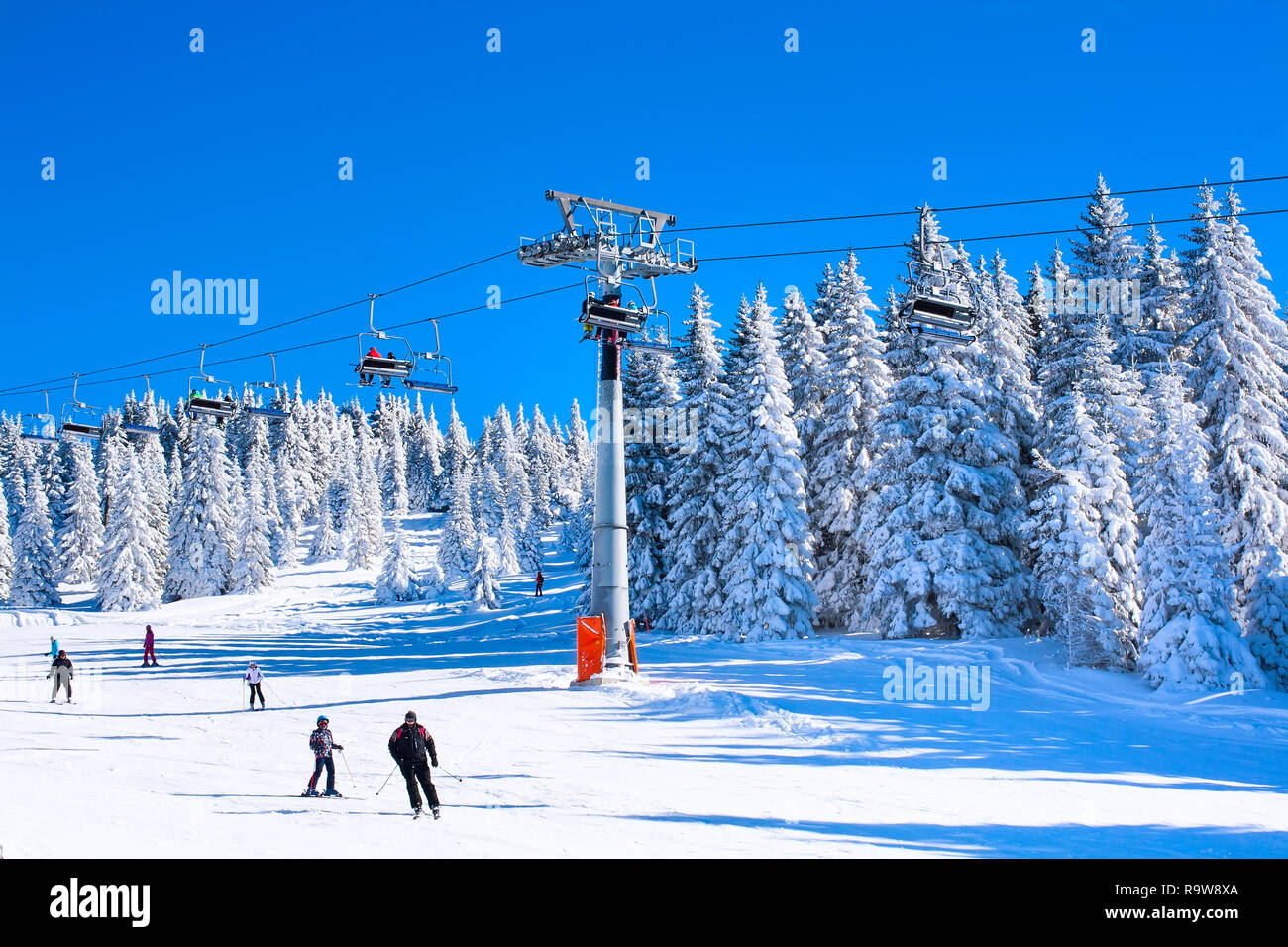Kopaonik, Serbie - Le 20 janvier 2016 : Ski Kopaonik, Serbie, piste de ski, les gens sur les remontées mécaniques, skieurs et planchistes sur la pente Banque D'Images