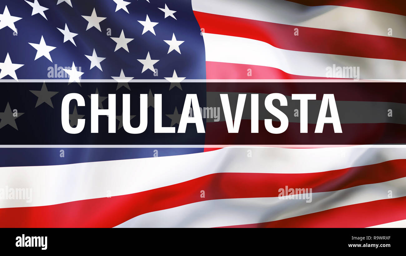 Ville de Chula Vista sur un drapeau USA, rendu 3D arrière-plan. États-unis d'Amérique drapeaux dans le vent. Fier de brandir le drapeau de l'Amérique, Chula Vista, États-Unis Banque D'Images