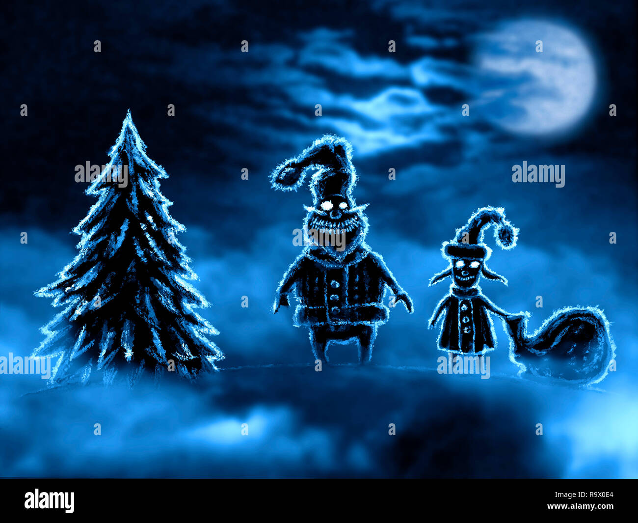 Scary Santa et sa petite-fille avec un sac de cadeaux. Illustration de genre d'horreur. Banque D'Images