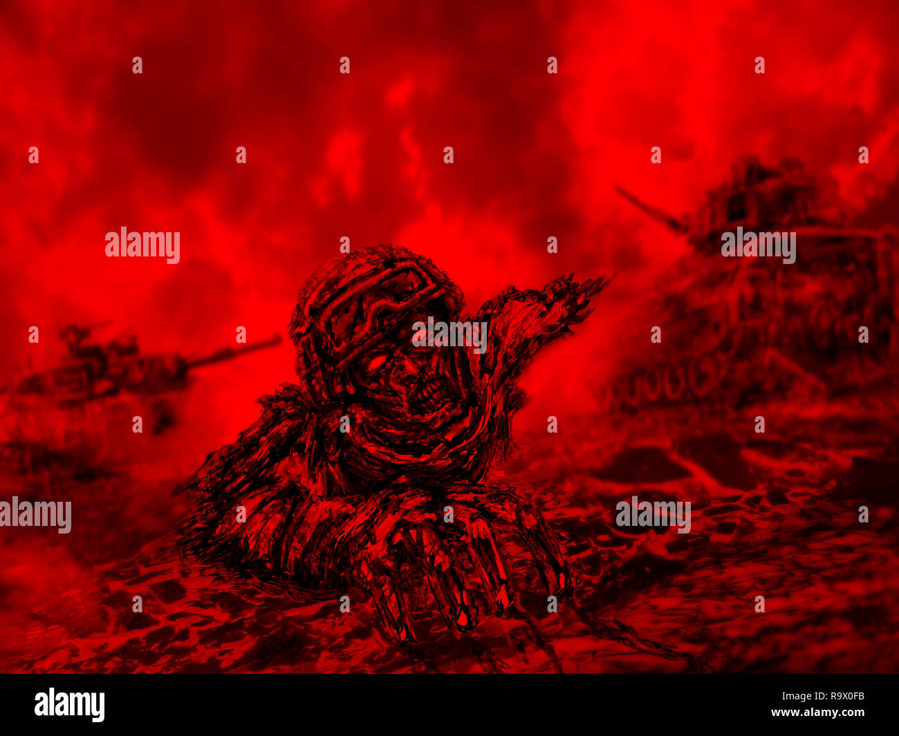 La moitié soldat zombie rampe sur le champ de bataille. Illustration de genre d'horreur. Fond de couleur rouge. Banque D'Images