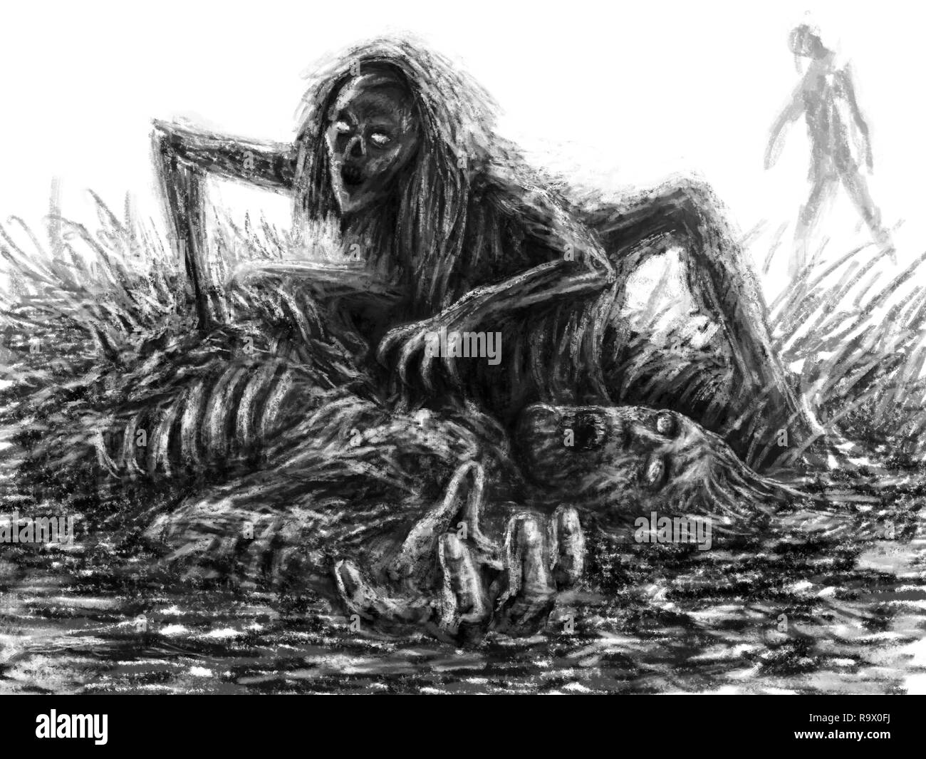 Zombie effrayant femme assise et mange sur fond blanc. Illustration de genre d'horreur. Banque D'Images