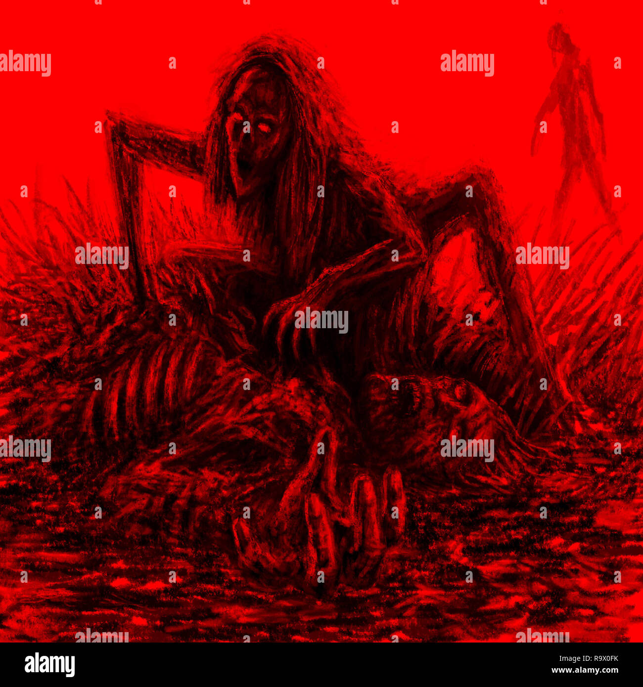 Zombie effrayant femme assise et mange sur fond rouge. Illustration de genre d'horreur. Banque D'Images