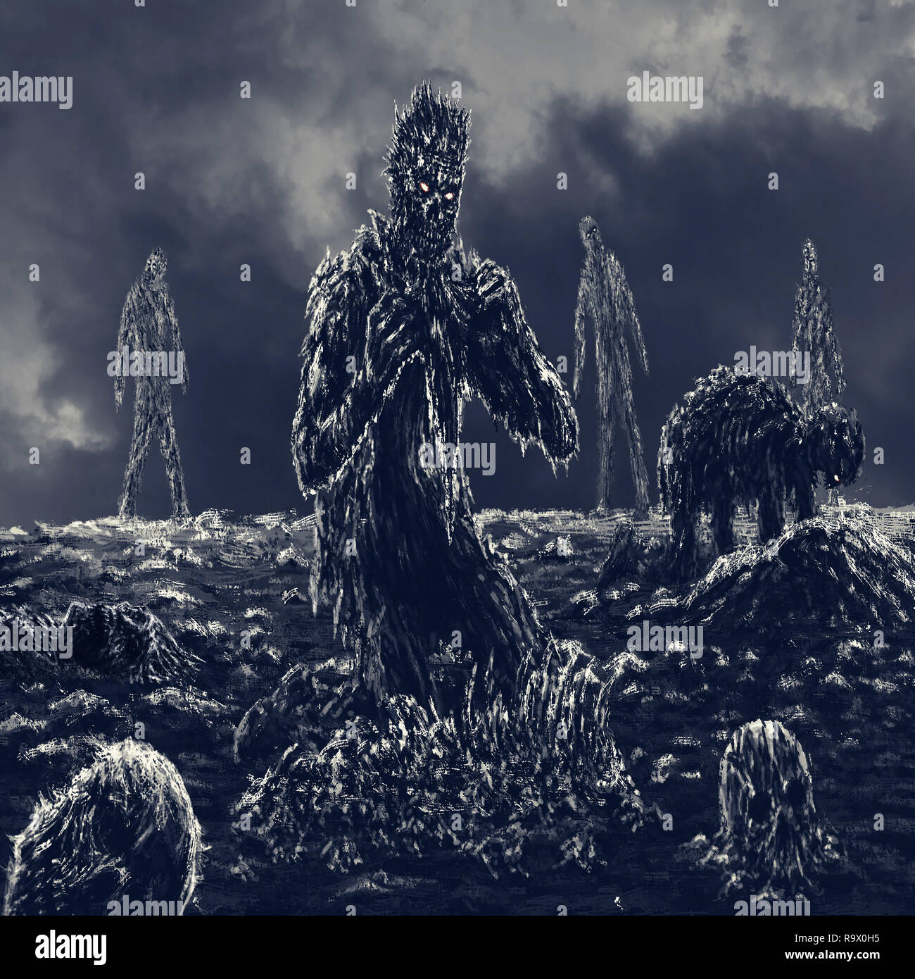 Zombie effrayant est assis et mange. Illustration de genre d'horreur. Banque D'Images