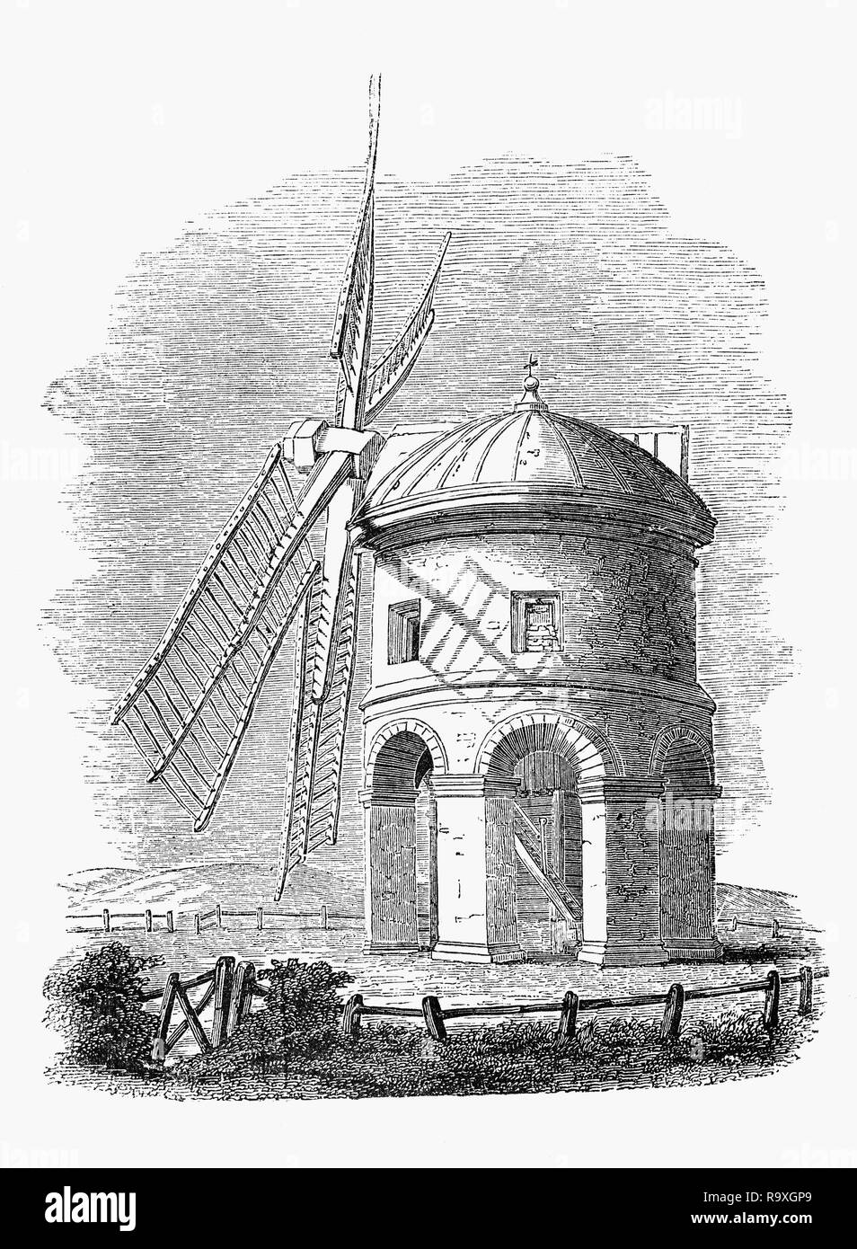 Moulin à Vent de Chesterton est un 17ème siècle en pierre moulin tour cylindrique avec une base, située à l'extérieur du village de Chesterton, Warwickshire. Il a été construit autour de 1632-1633, probablement par Sir Edward, Peyto qui était Seigneur de la Manor House, un Chesterton mathématicien et astrologue et probablement son propre architecte pour le moulin à vent. Comptes d'maintenant au Warwick Record Office montrent que c'est le plus ancien moulin tour en Angleterre pour retenir l'un de ses organes. Banque D'Images