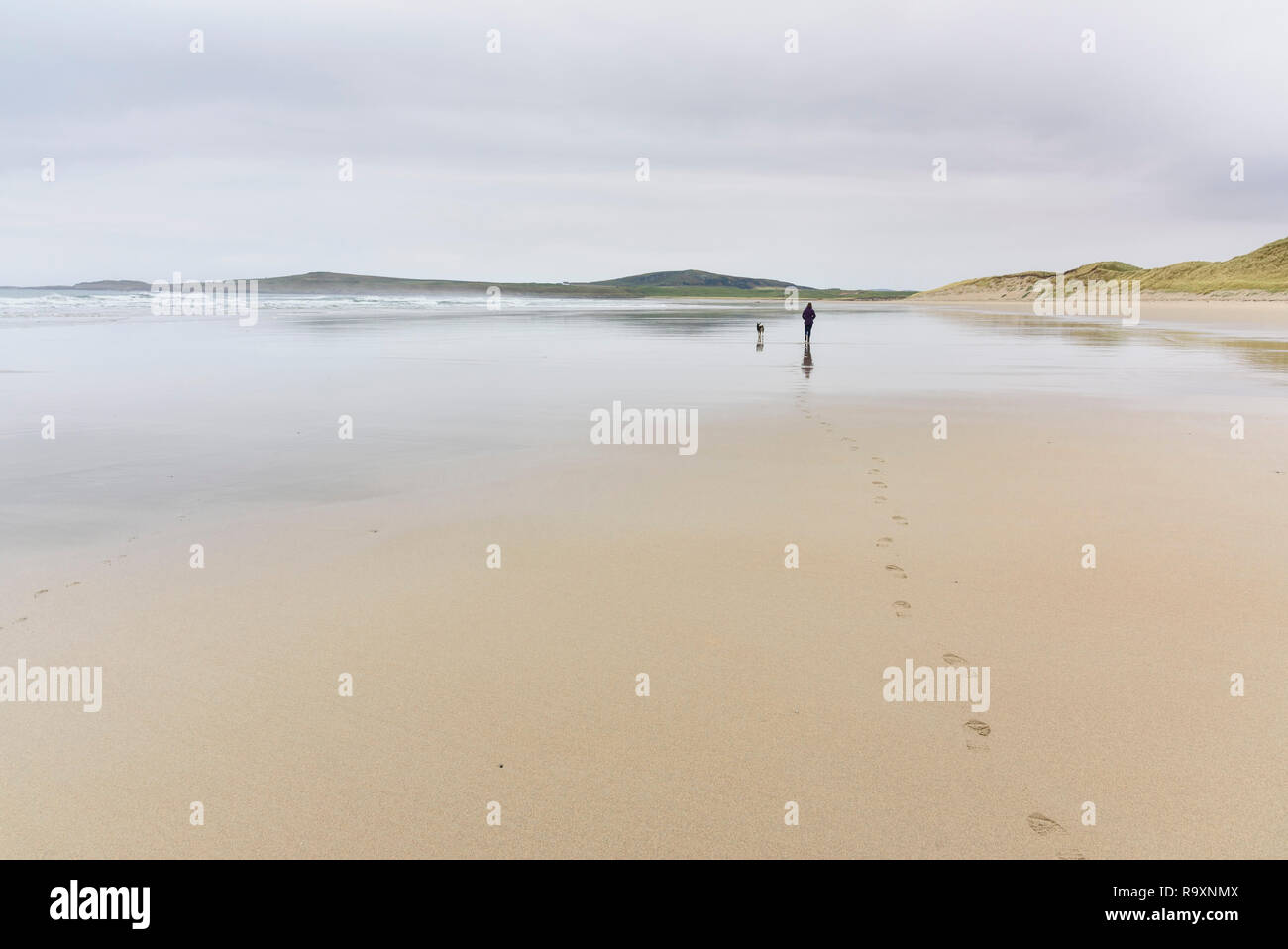 Femme promener son chien le long de Machir Bay, plage de Traigh Mhachir, Rhinns d'Islay, Hébrides intérieures, ARGYLL & BUTE, Ecosse Banque D'Images