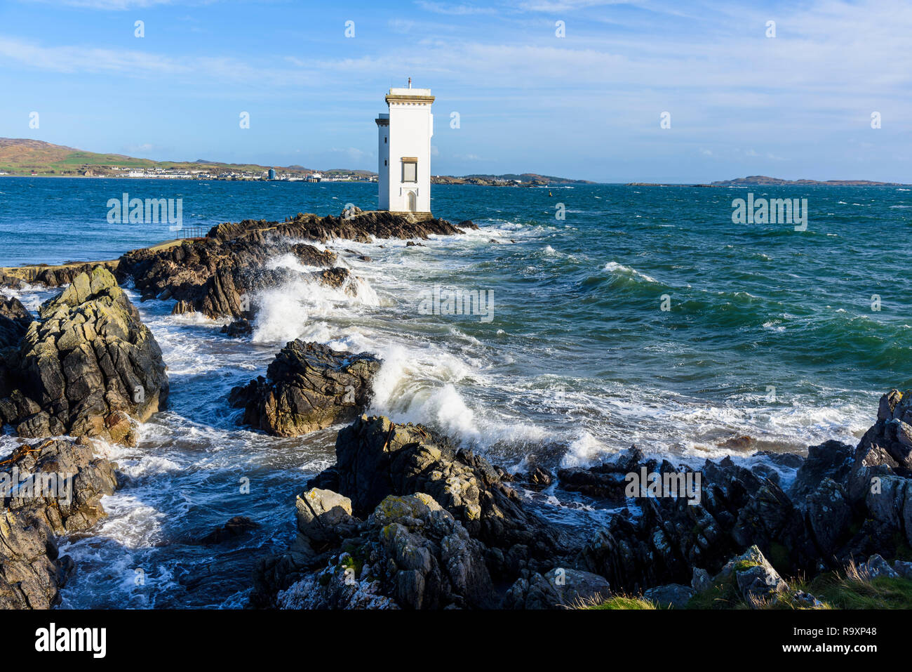 Carraig Fhada phare, près de Port Ellen, Islay, Hébrides intérieures, ARGYLL & BUTE, Ecosse Banque D'Images