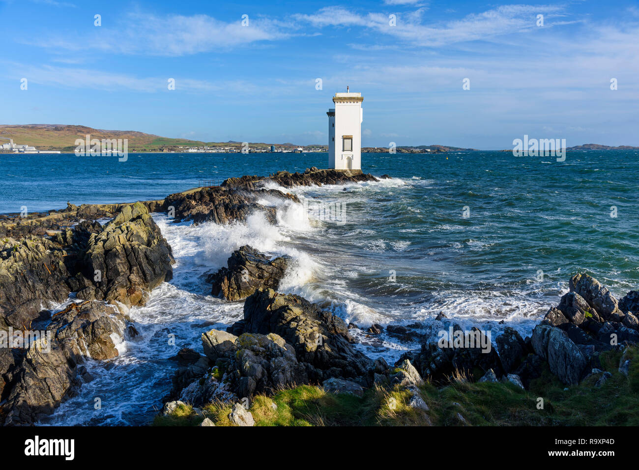 Carraig Fhada phare, près de Port Ellen, Islay, Hébrides intérieures, ARGYLL & BUTE, Ecosse Banque D'Images