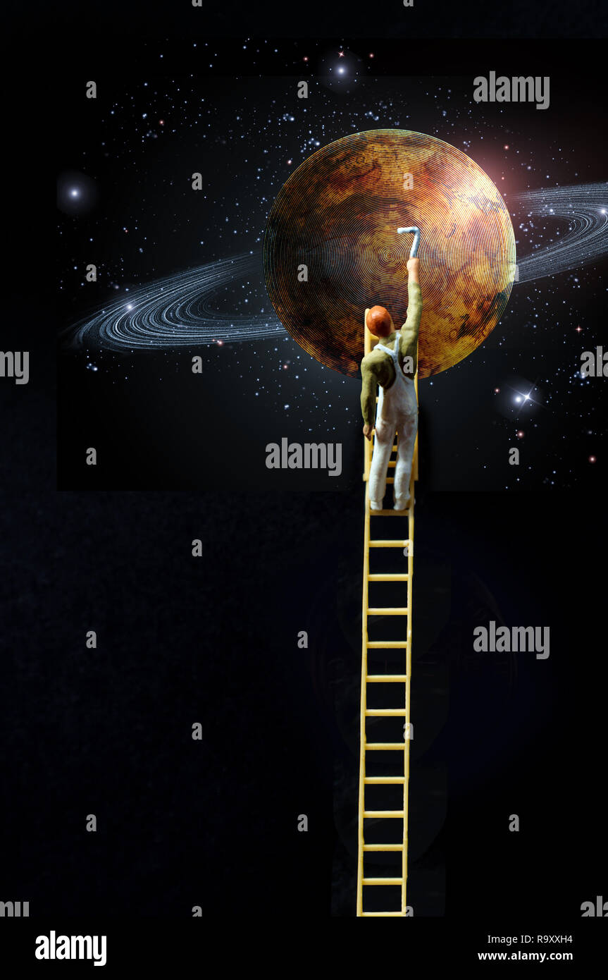 Peintre ambitieux grimpe l'échelle à la métaphore conceptuelle de la lune pour atteindre les étoiles Banque D'Images