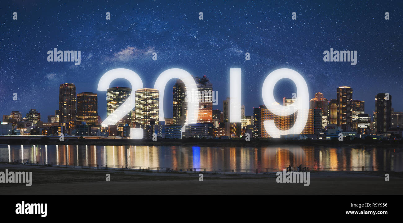 Nouvelle année 2019 dans la ville. Une vue panoramique sur la ville dans la nuit du Nouvel an 2019 célébration. Banque D'Images