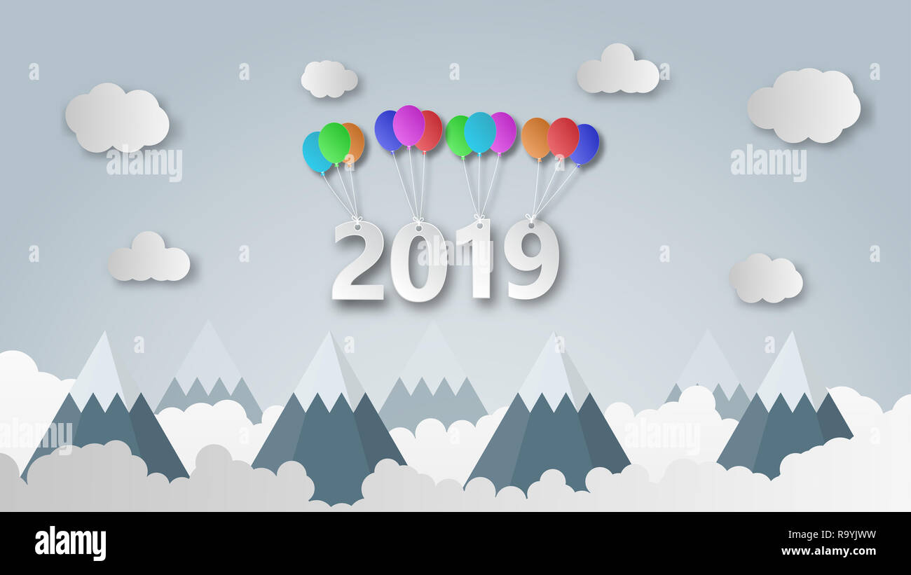 Bonne année 2019 modèle de coupe de papier illustration créative. 2019 coupe papier accroché au ballon coloré sur fond de montagnes, bannière web postca Banque D'Images