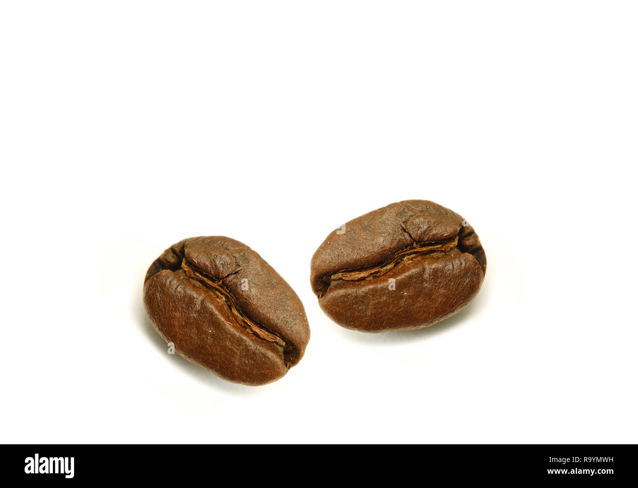 Fermé une paire de grains de café Arabica torréfié isolé sur fond blanc Banque D'Images
