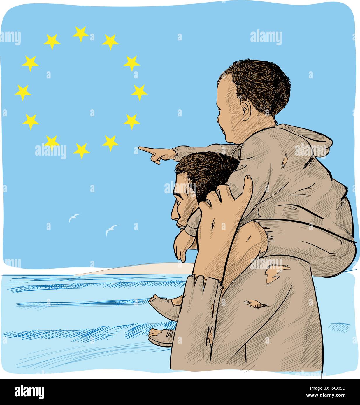 Père et fils d'immigrants à l'avant du drapeau européen Illustration de Vecteur