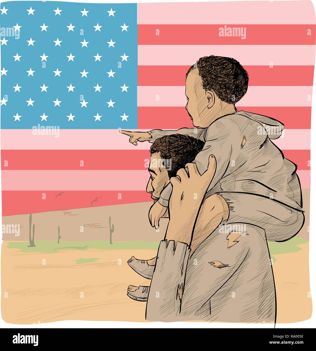 Père et fils en face de l'immigrant USA flag Illustration de Vecteur