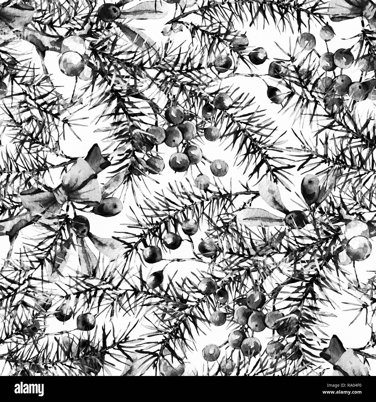 Aquarelle hiver noël monochrome motif transparent avec des branches d'arbre et de baies. Illustration peinte à la main naturelle Banque D'Images