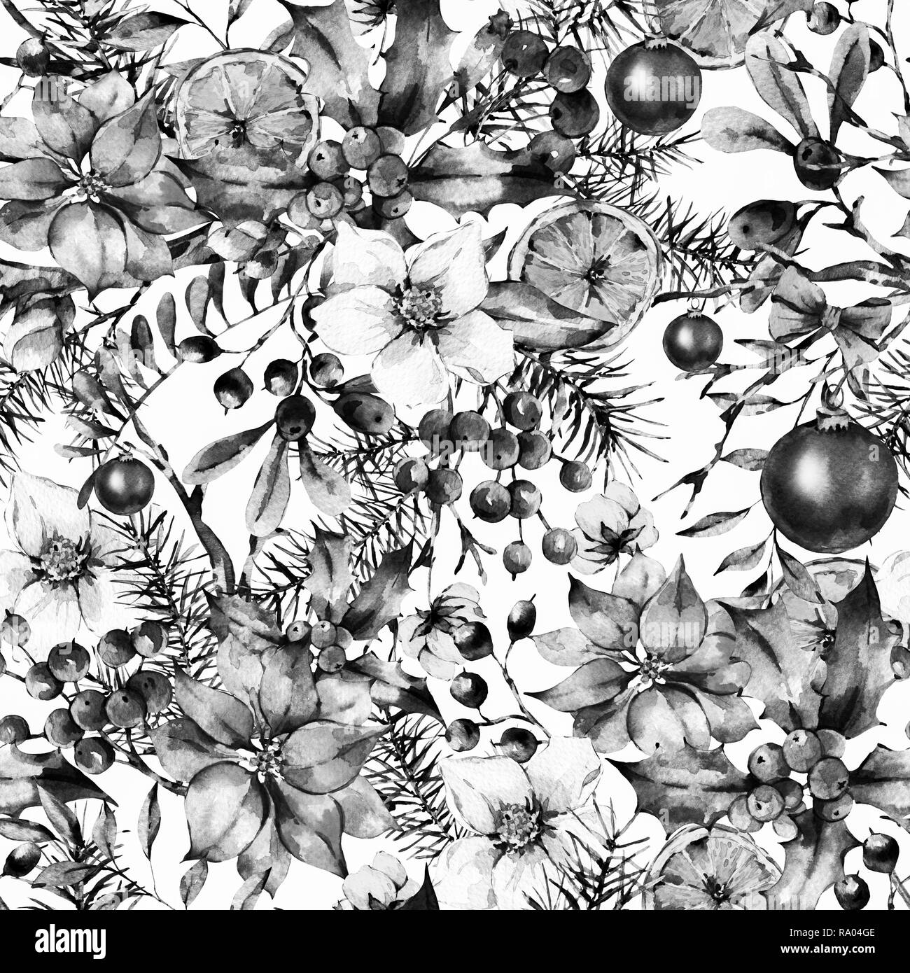 Aquarelle monochrome Floral Vintage motif transparent, Nouvel An avec décoration Poinsettia, branches de pins, de houx, boules de Noël, des petits fruits, des fleurs. B Banque D'Images