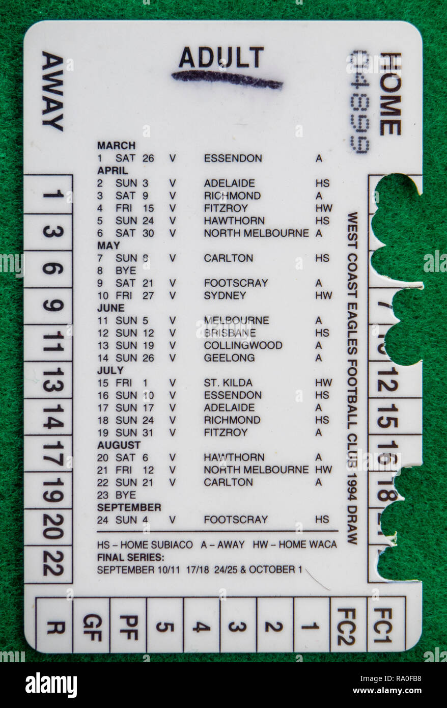 Retour de West Coast Eagles Football Club carte de membre pour l'année 1994. Banque D'Images