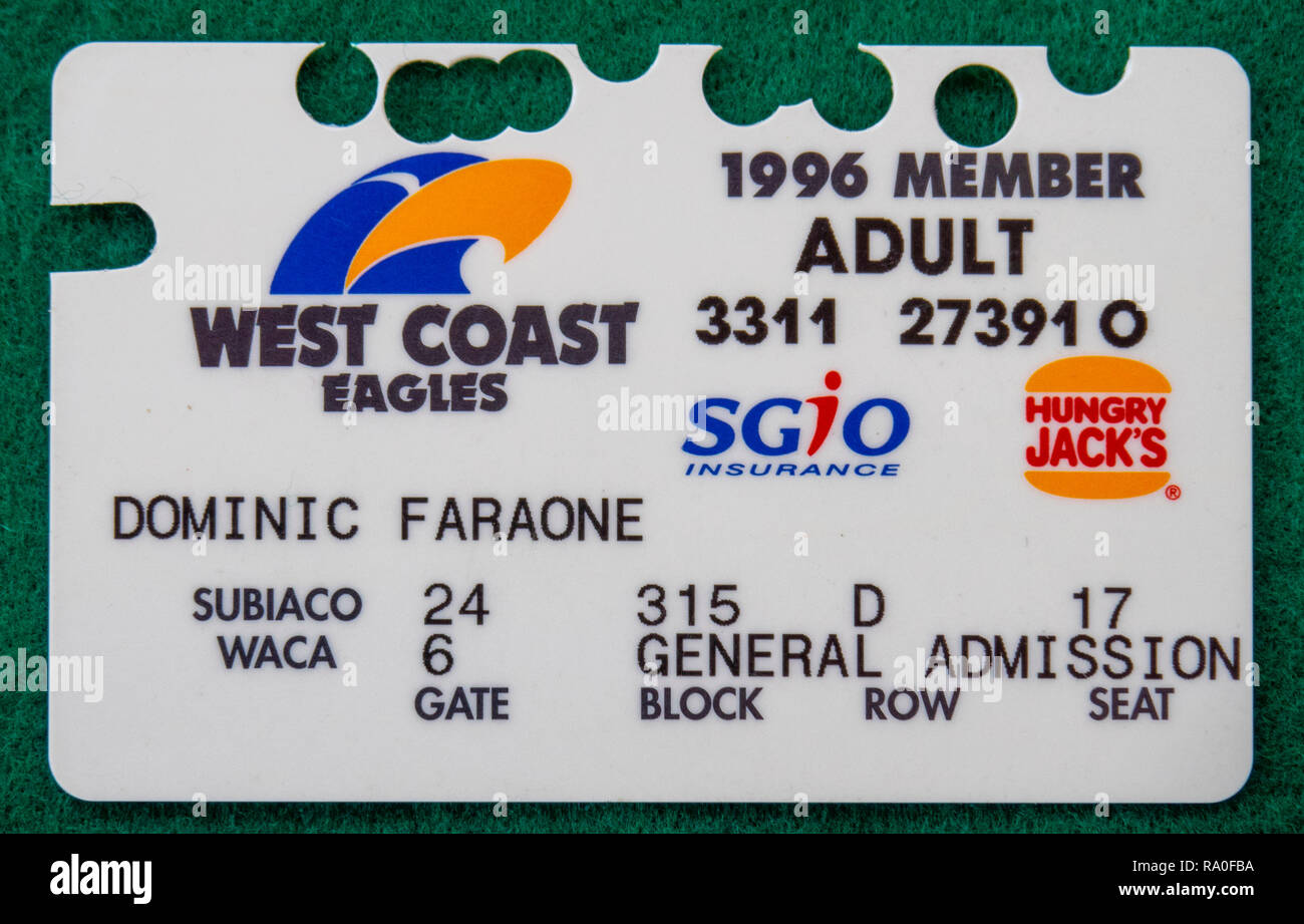 West Coast Eagles Football Club carte de membre pour l'année 1996. Banque D'Images