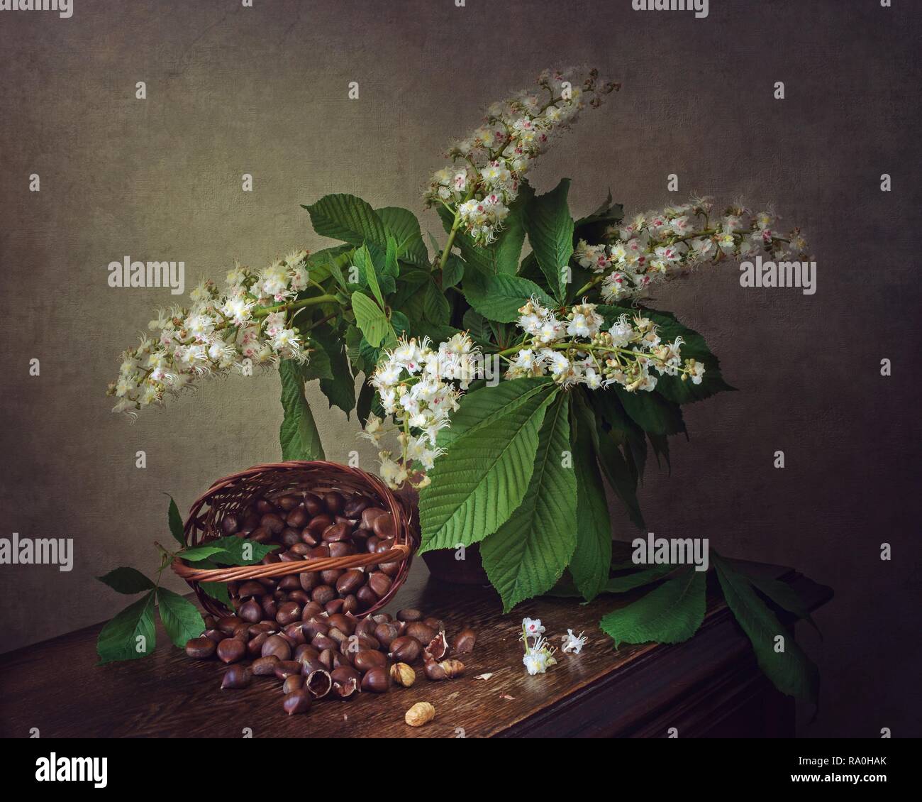 Nature morte au bouquet de branches de châtaigniers en fleurs Banque D'Images