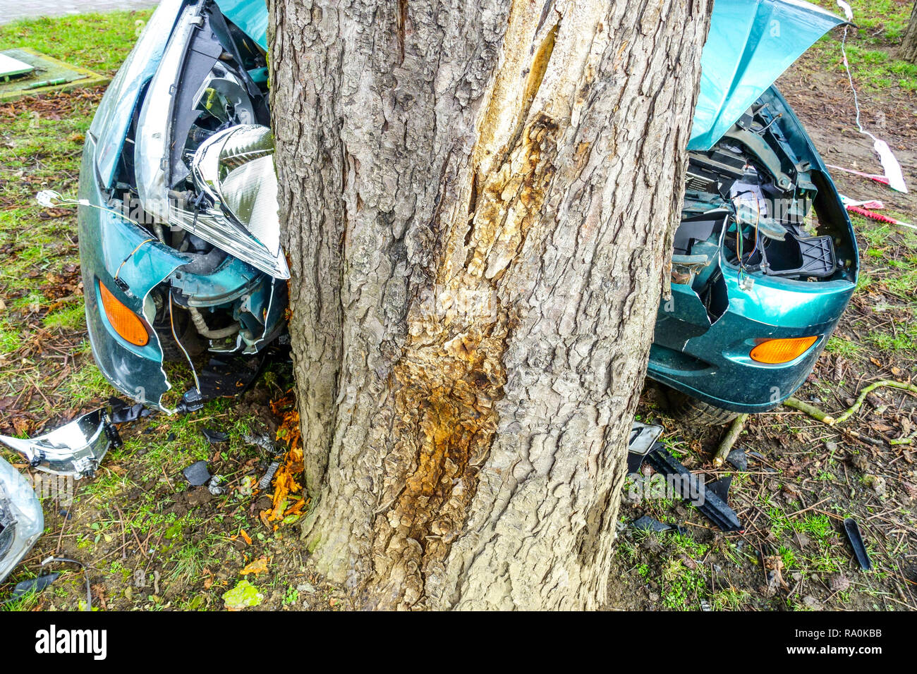Arbre d'accident de voiture, voiture écrasée à un tronc d'arbre, vue de face de la République tchèque Banque D'Images