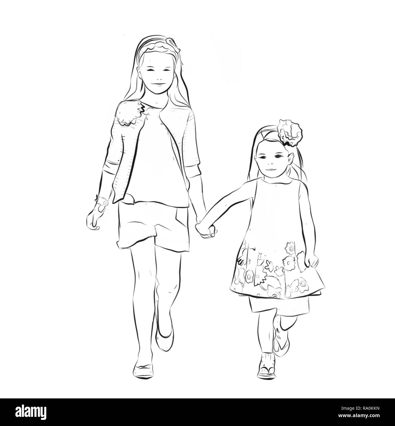 Vêtements enfant marche main dans la main Banque D'Images