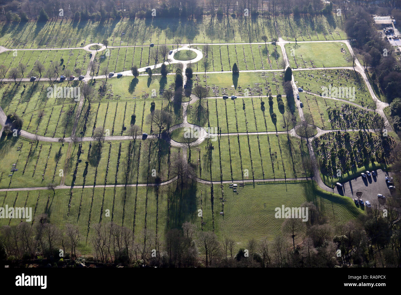 Vue aérienne de Heaton cimetière près de Bolton, un cimetière dans le Lancashire, Royaume-Uni Banque D'Images