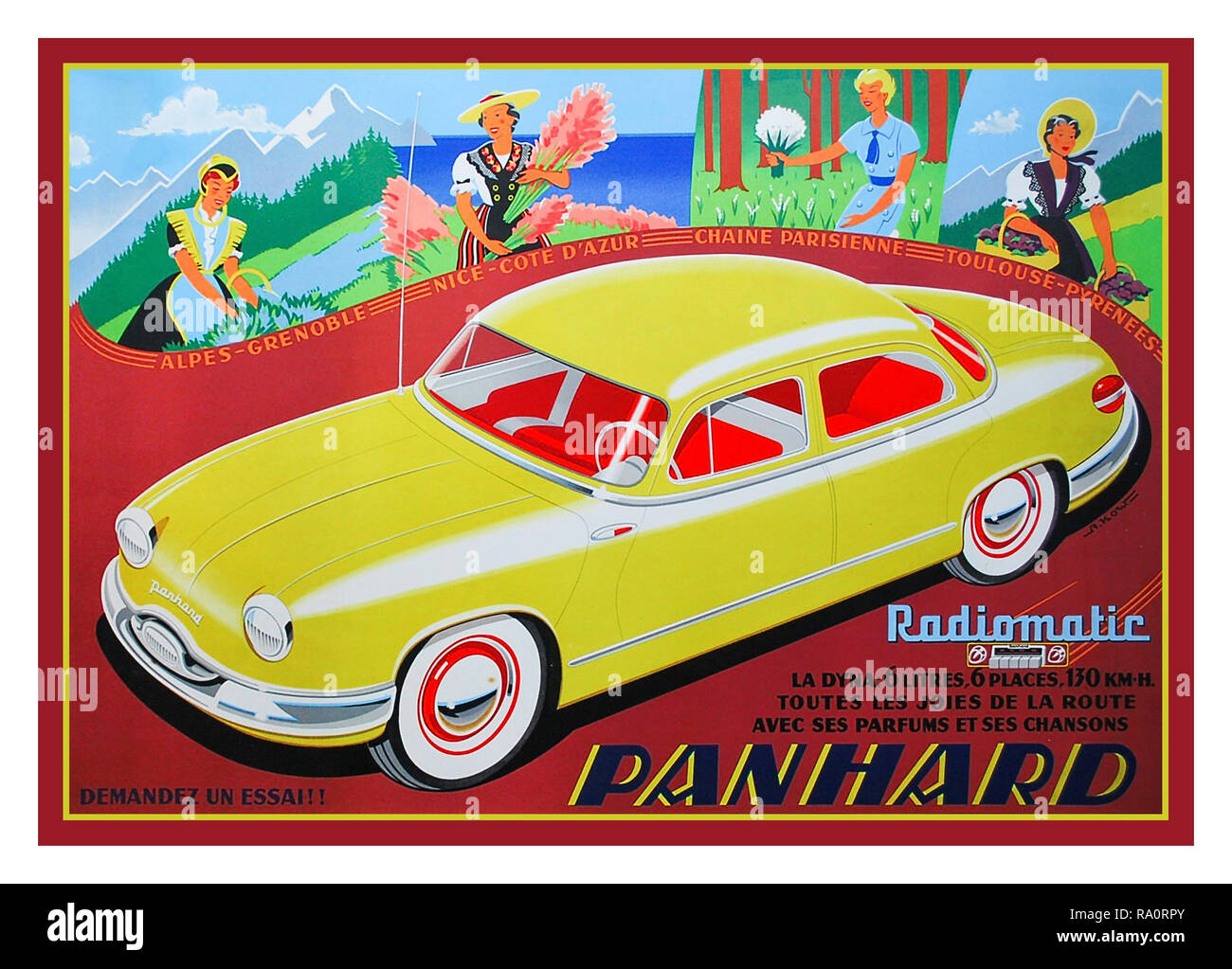 Vintage 1950 Dyna Panhard automobile français avec les dernières "Radiomatic" radio accordable installé 1954/1955 Berline française La publicité de style de l'affiche de la voiture par l'artiste Alexis Kow Lithographie couleur imprimé par SA Courbet Paris France Banque D'Images