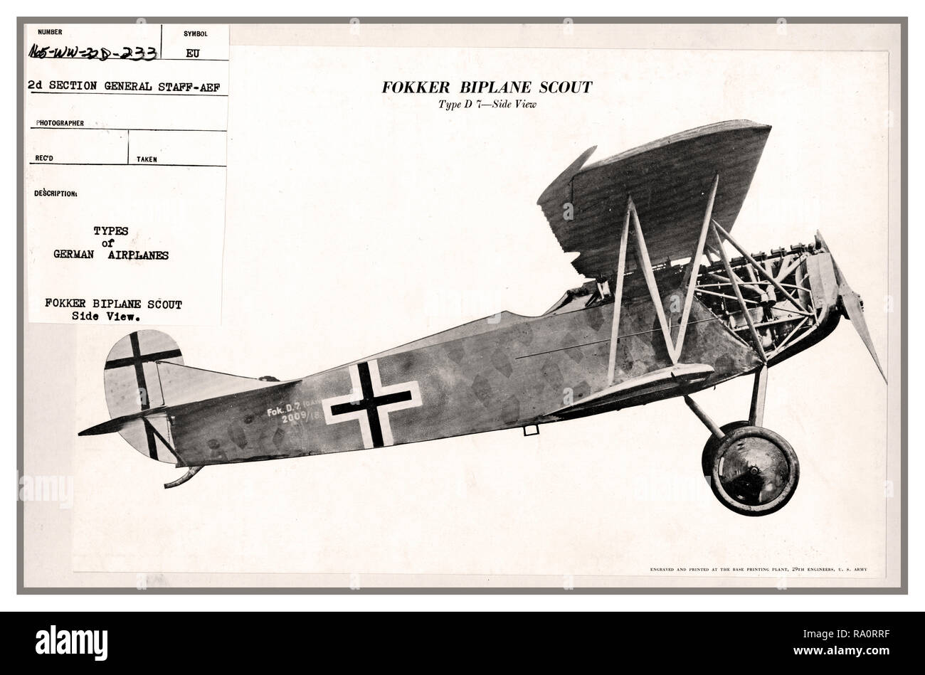 FOKKER SCOUT BIPLAN D7 ALLEMAGNE WW1 Département de la guerre des Etats-Unis dessin technique photo identification types d'avions allemands. Fokker Type de scout biplan D7. Vue latérale novembre 1917 Banque D'Images