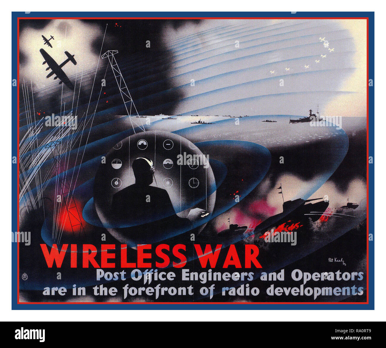 La Vintage WW2 1940 Affiches de propagande de guerre "sans fil : bureau de poste Les ingénieurs et les opérateurs sont dans l'avant-garde de développement radio' British communications écoute surveillance poster à partir de 1943 La Seconde Guerre mondiale Banque D'Images