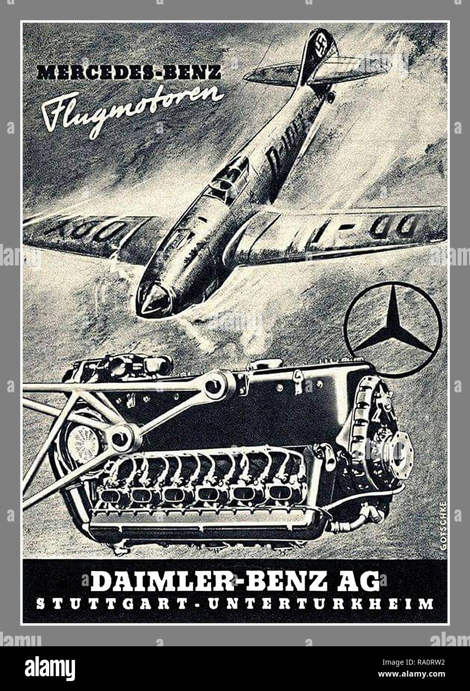 MERCEDES WW2 Vintage seconde Guerre mondiale Nazi Allemagne Mercedes affiche publicité de presse 1940 WW2 Daimler-Benz Mercedes-Benz moteur pour avion de chasse Messerschmitt Bf 109 avec l'Allemagne nazie Swastika queue aileron Daimler-Benz / Mercedes-Benz Flugmotoren-Aviation moteurs de guerre Allemagne nazie. Banque D'Images