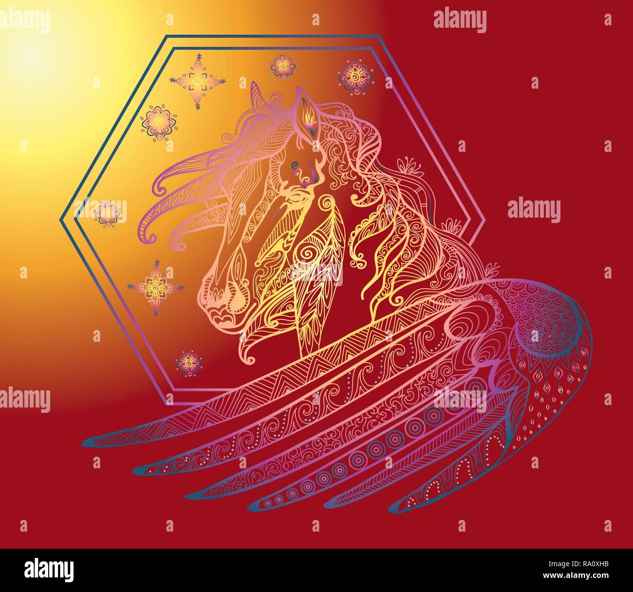 Vector illustration dessin main zentangle cheval magique en différentes couleurs isolé sur fond dégradé. Illustration avec pegasus doodle colorés Illustration de Vecteur