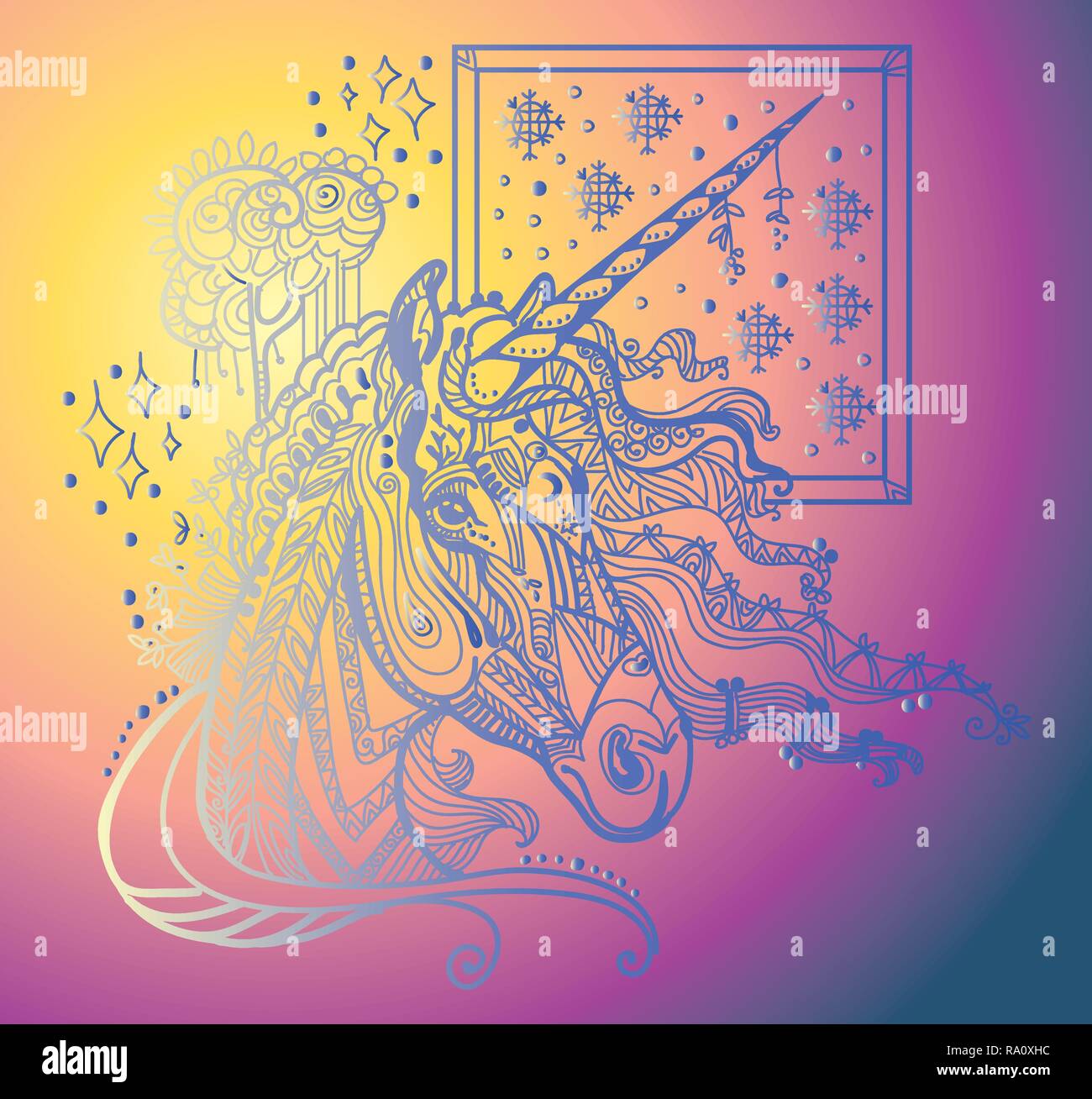 Vector illustration dessin main zentangle cheval magique en différentes couleurs isolé sur fond dégradé. Illustration avec unicorn doodle colorés Illustration de Vecteur