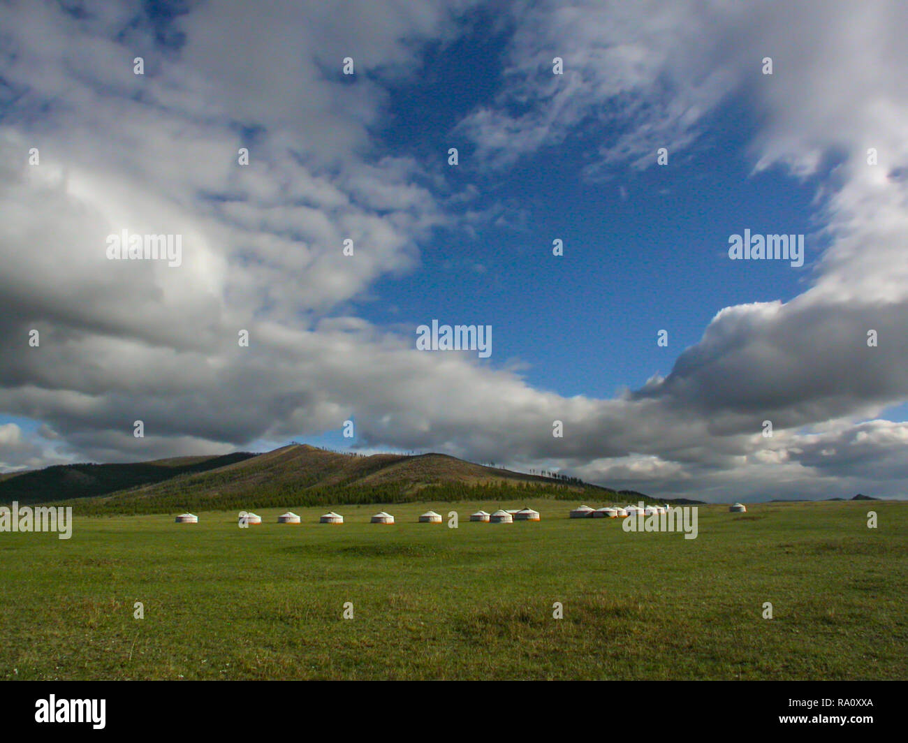 Camp de Yourte Mongole sous ciel bleu avec des nuages, panorama de la vallée de la rivière Tuul, Khan Khentii, Mongolie Banque D'Images