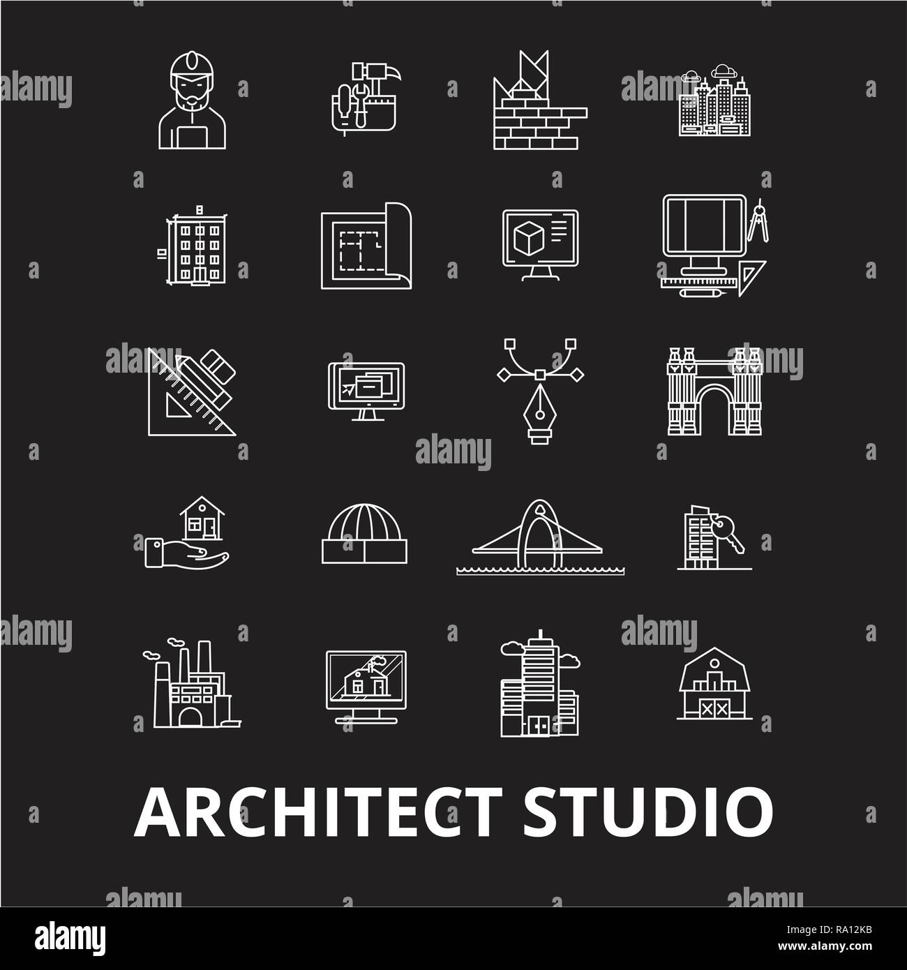 Architect studio vector set icônes ligne modifiable sur fond noir. Architect studio contour blanc illustrations, signes, symboles Illustration de Vecteur