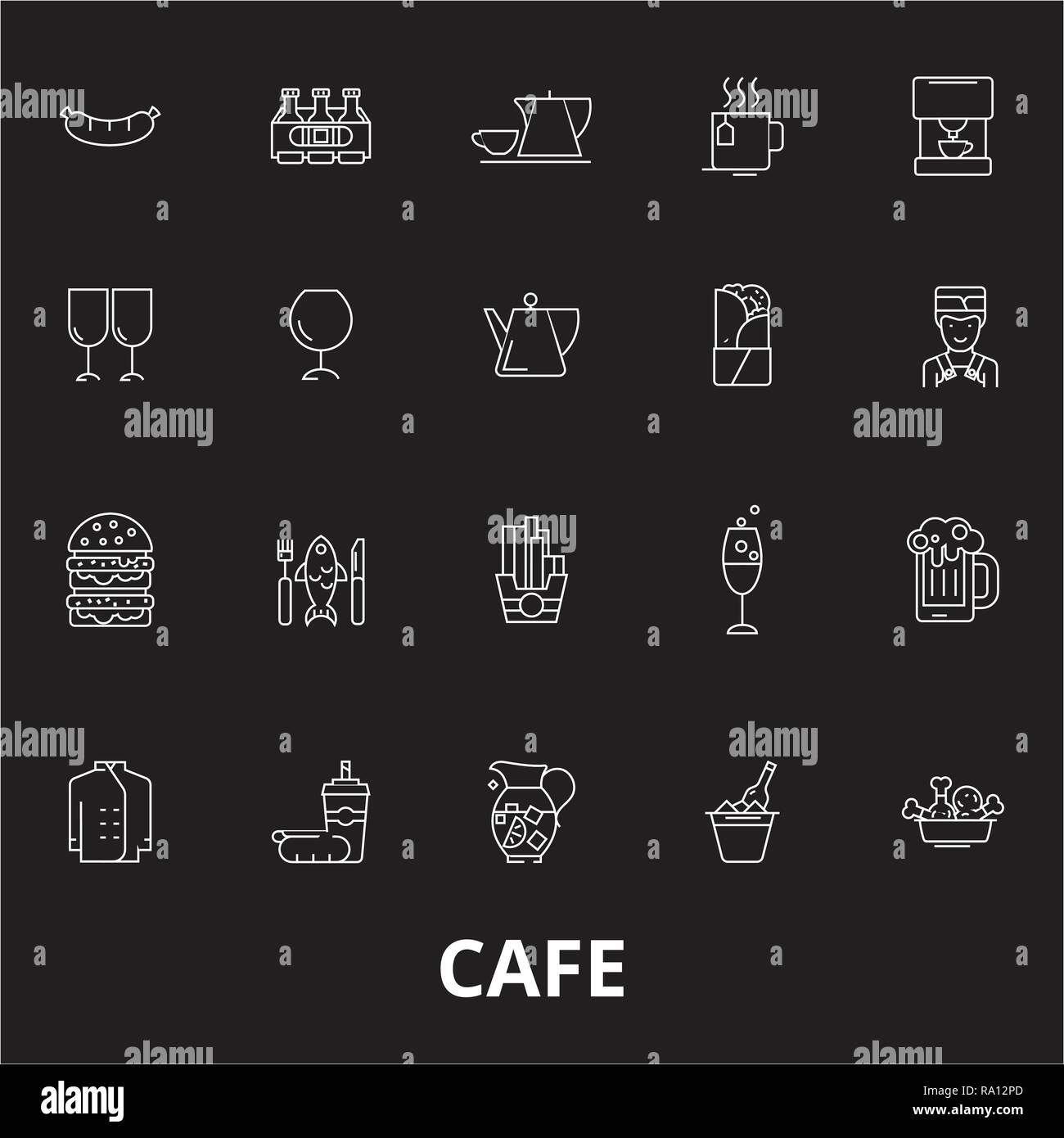 Cafe icônes ligne modifiable vector set sur fond noir. Cafe contour blanc illustrations, signes, symboles Illustration de Vecteur