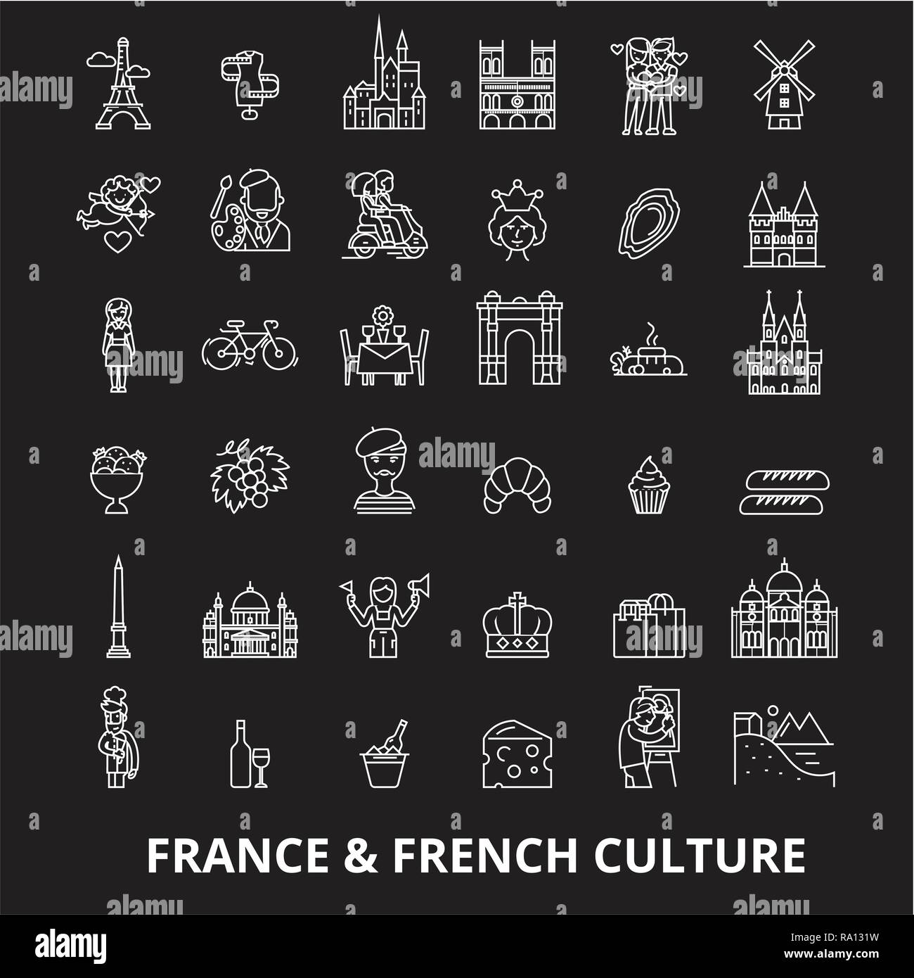 France ligne modifiable icons vector set sur fond noir. France contour blanc illustrations, signes, symboles Illustration de Vecteur