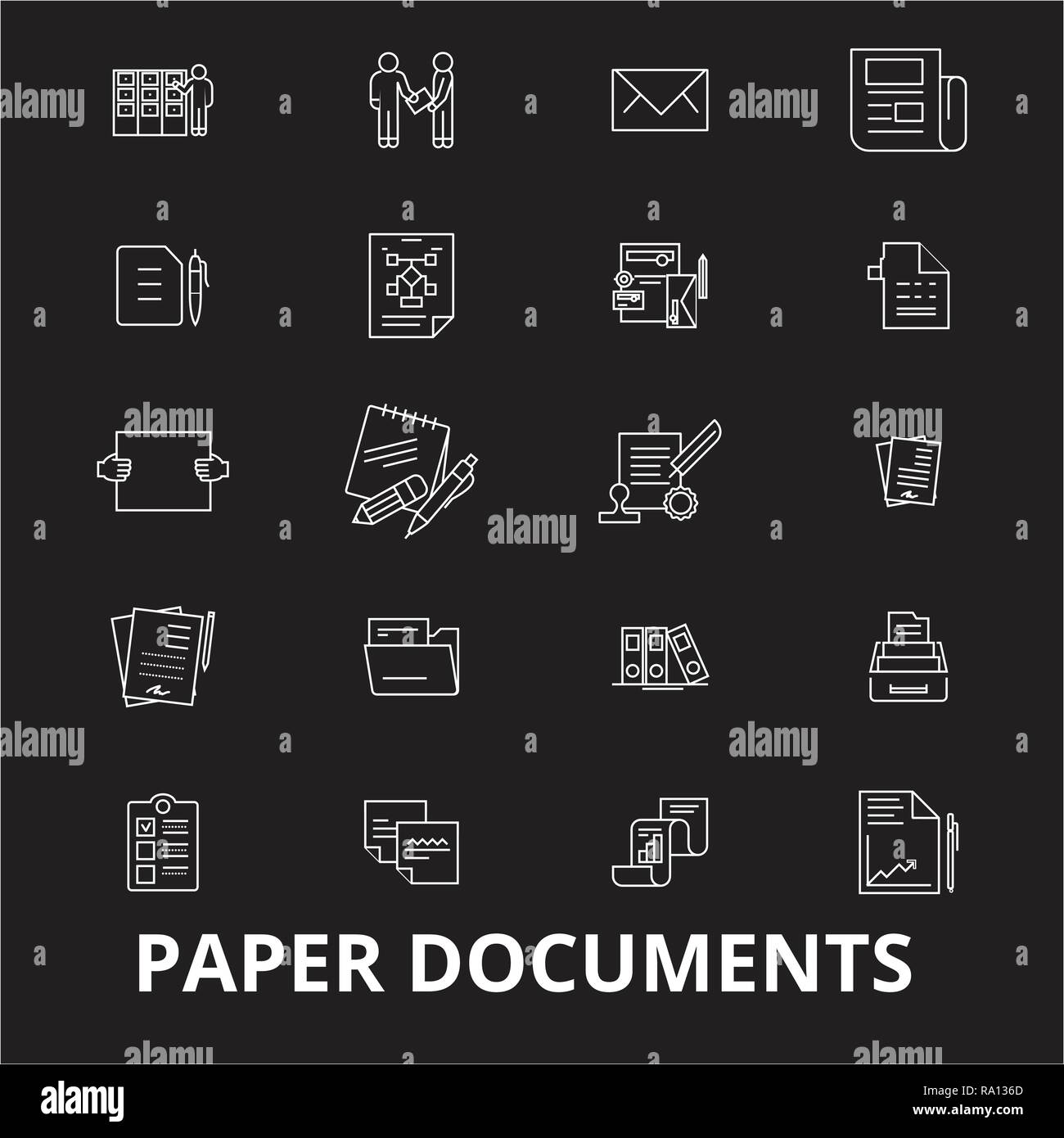 Documents papier icônes ligne modifiable vector set sur fond noir. Les documents sur papier blanc indiquant les illustrations, signes, symboles Illustration de Vecteur