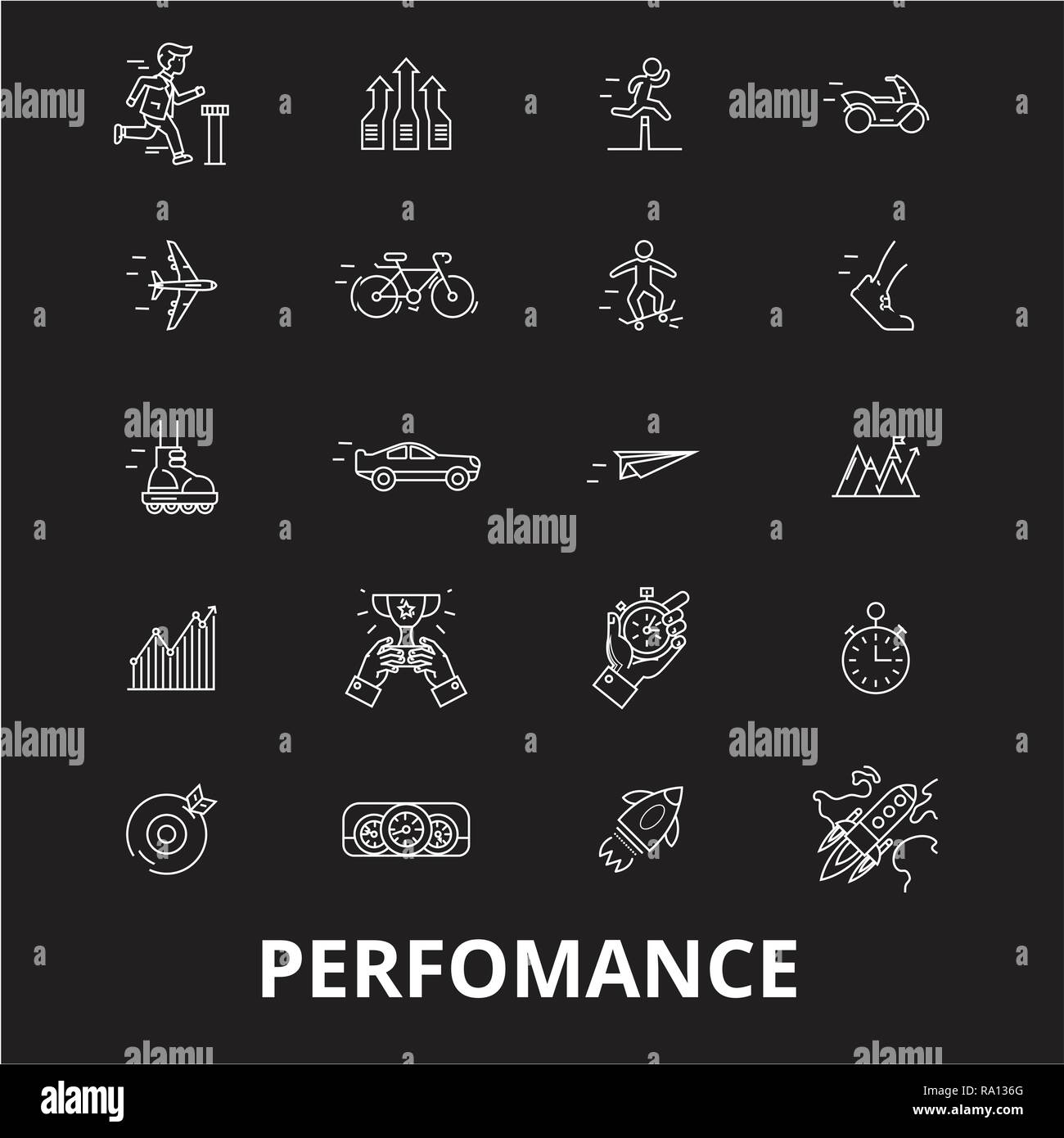 Perfomance icônes ligne modifiable vector set sur fond noir. Perfomance contour blanc illustrations, signes, symboles Illustration de Vecteur