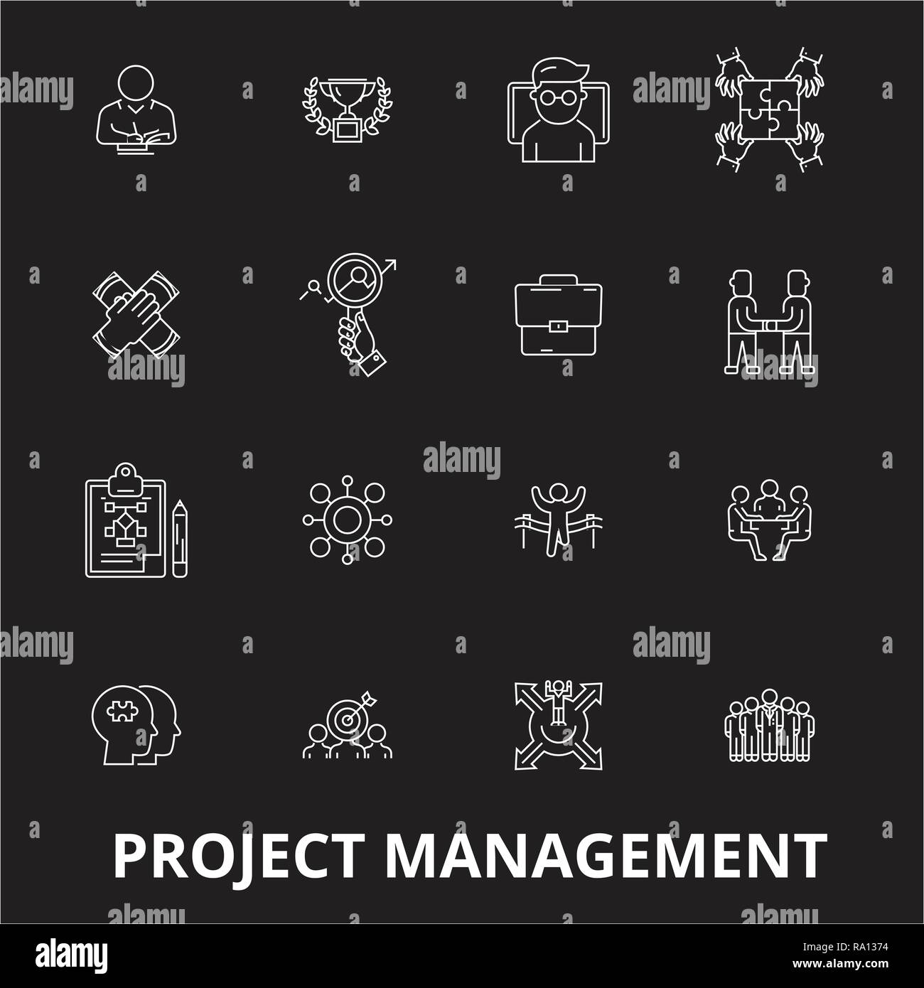 Gestion de projet vector set icônes ligne modifiable sur fond noir. Gestion de projet blanc indiquant les illustrations, signes, symboles Illustration de Vecteur