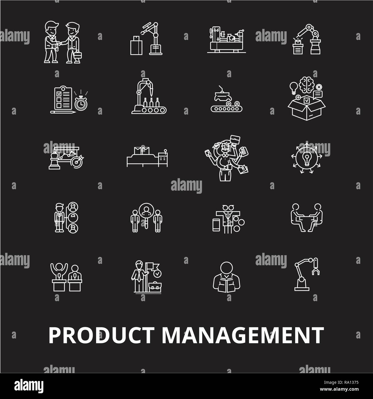Gestion de projet ligne modifiable icônes icônes vector set sur fond noir. Les icônes de gestion de projet blanc indiquant les illustrations, signes, symboles Illustration de Vecteur