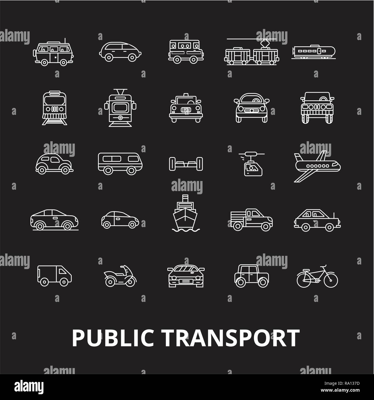 Transports publics ligne modifiable icons vector set sur fond noir. Transport public contour blanc illustrations, signes, symboles Illustration de Vecteur