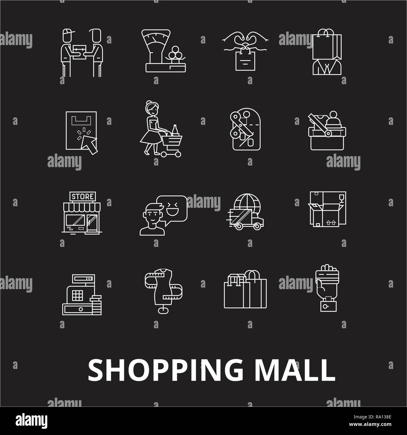 Shopping mall icônes ligne modifiable vector set sur fond noir. Shopping mall contour blanc illustrations, signes, symboles Illustration de Vecteur