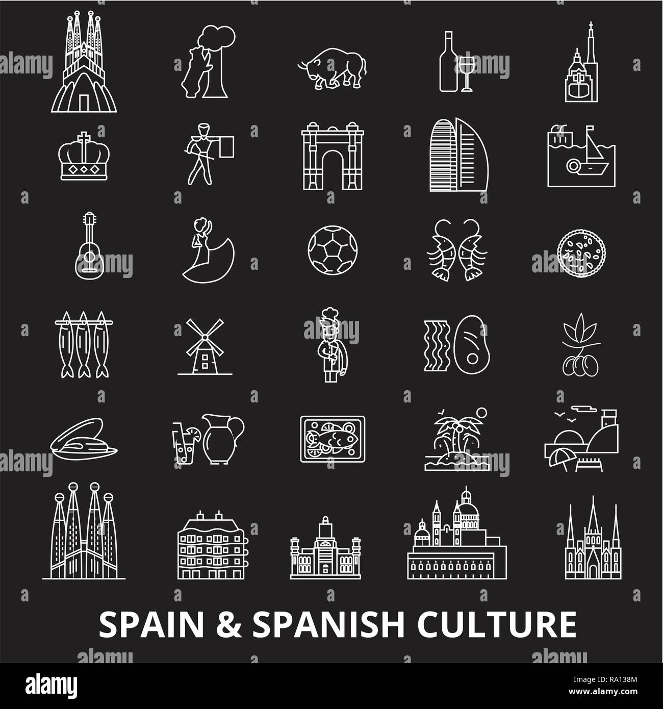 Espagne icônes ligne modifiable vector set sur fond noir. Espagne contour blanc illustrations, signes, symboles Illustration de Vecteur