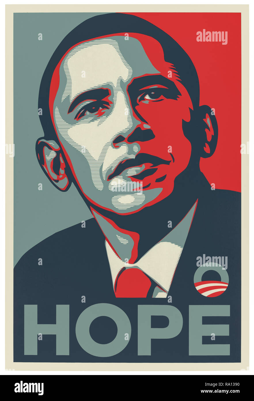 Espoir 2008 campagne présidentielle de Barack Obama affiche conçue par Shepard Fairey. L'emblématique affiche utilise le Gotham sans-serif typeface avec un pochoir portrait en rouge, beige et bleu. Banque D'Images