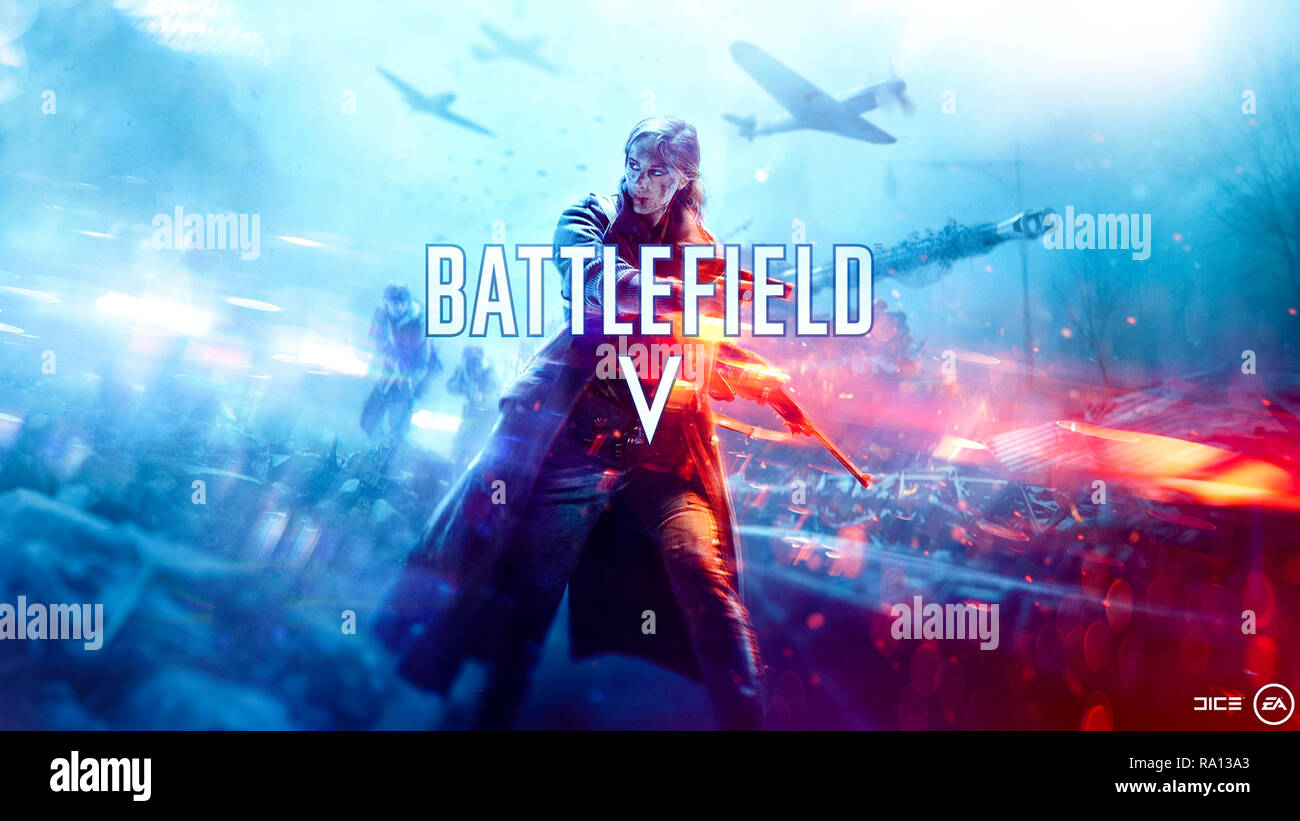 V Bataille de tir à la première personne du jeu vidéo publié par EA DICE et édité par Electronic Arts en 2018, de façon controversée, doté d''une femme soldat bien que le jeu se déroule pendant la Seconde Guerre mondiale. Banque D'Images